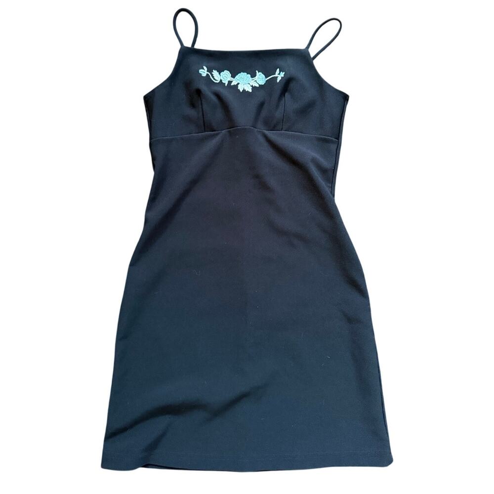 Vintage Y2K Black Body Con Mini Minimalist Blue Rose Embroidered Dress
